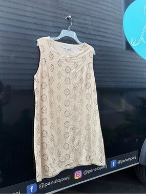 Sleeveless Eyelet Shift Dress in Beige